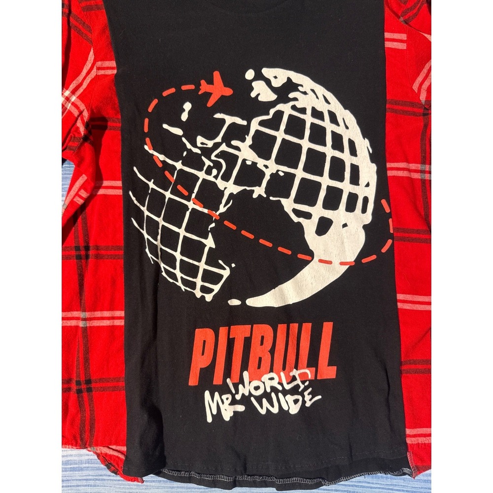 Upcycled Pitbull Mr World Wide Flannel Hybrid Tee Black Red Plaid Unisex Small - Picture 2 of 6